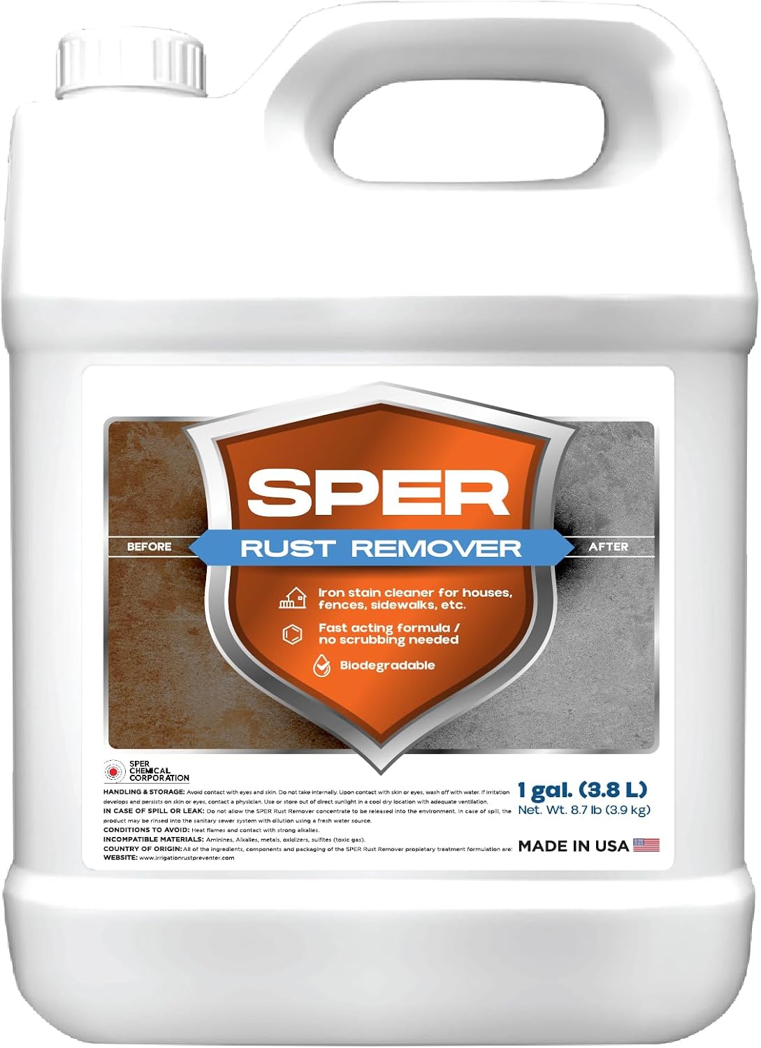 SPER Rust Remover - Rust Stain Remover for Concrete, Houses, Fences, Metal & More - Remove Iron Stains - Professional Grade, Fast-Acting Concentrated Formula - No Scrubbing, Biodegradable 1, 1 gal