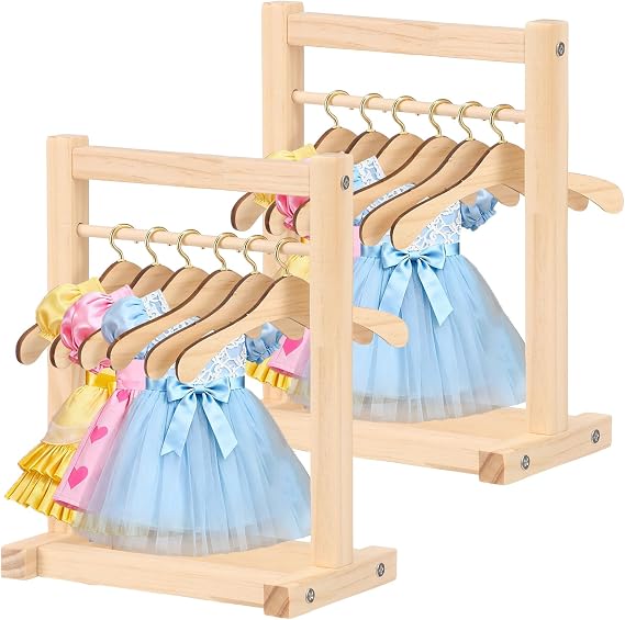 2Pack Dolls Garment Rack,Wooden Mini Clothes Rack with 12Pcs Hangers,Small Dolls Clothes Hanger Set,Doll Wardrobe Display and Drying Stand,Garment Closet Furniture Accessories for Dollhouse