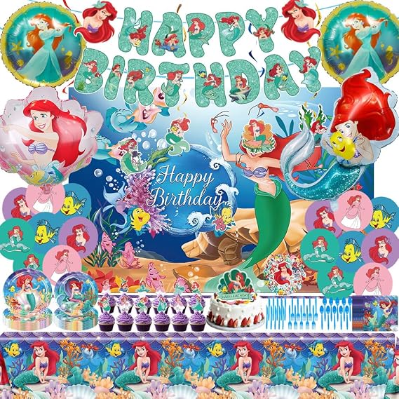 Cartoon Princess Birthday Supplies Decorations | Include Backdrop Tablecloth Tableware Set Banner Balloons Hanging Swirls Cake Cupcake Toppers Stickers for Theme Party