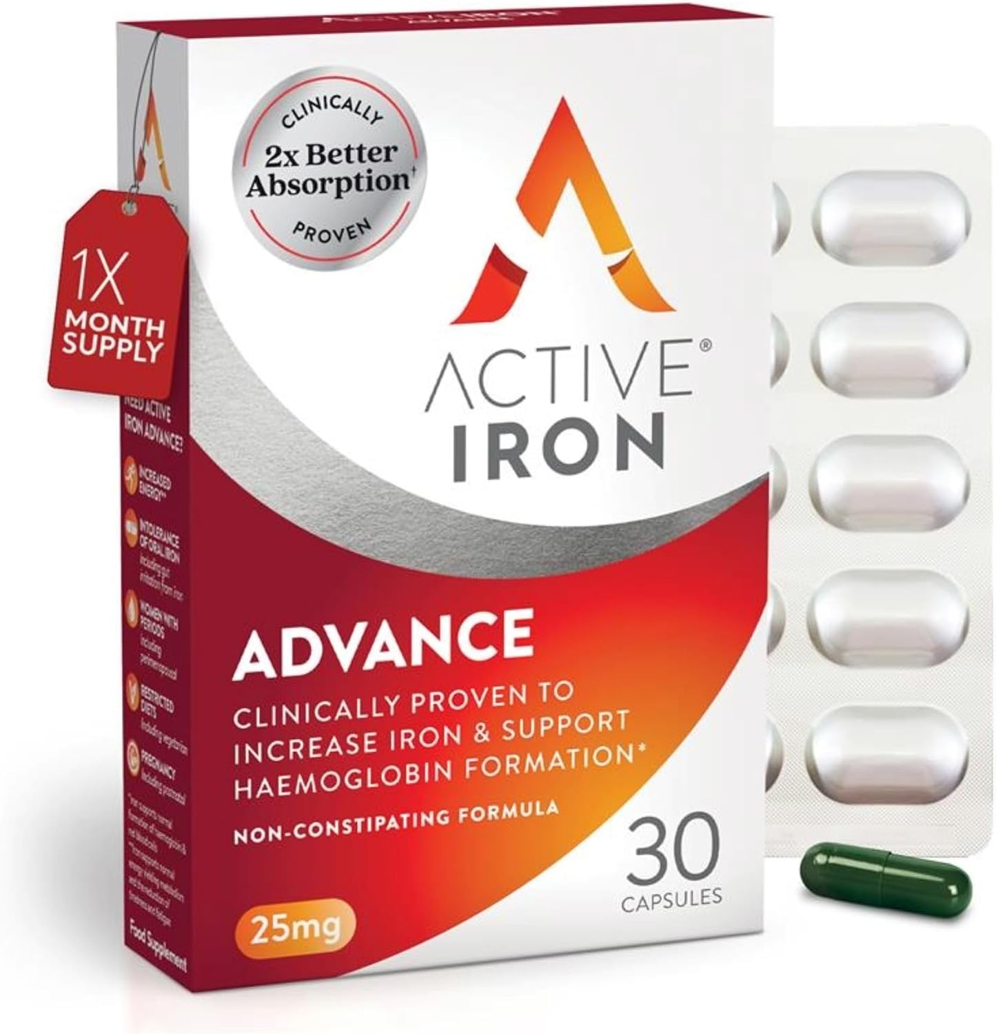 Active Iron Advance Supplement 25 mg - Clinically Proven to Increase Iron & Energy Levels - Gentle, Non-Constipating, Highly Absorbed - 30 Capsules, 1 Month Supply