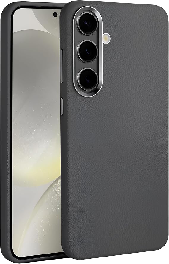 Teknoft Samsung Galaxy S24 için Leth Shield Serisi Parmak İzi Tutmayan Deri Görünümlü Metal Tuşlu ve Metal Lens Çerçeveli Silikon Kılıf (Gri, Galaxy S24)