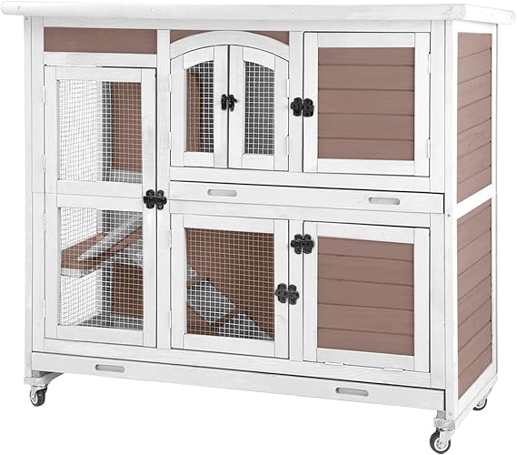 AIVITUVIN Rabbit Hutch Indoor Rabbit Cage Outdoor Two Story Bunny Cage Bunny Hutch Pull Out Tray Guinea Pig Cage on Wheel(Brown)