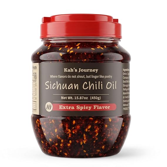 Kah's Journey Xtra Spicy Original Szechuan Chili Oil - 15.87oz (450g) Spicy Chili Crisp, Vegan, Sugar Free Hot Sauce, Great for Noodles, Dumplings, Vegetables, Meats