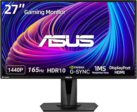 ASUS TUF 27" IPS Gaming Monitor, 2K (2560 x 1440), LED Display, 165Hz, 1ms, G-SYNC, HDR 10, 100% sRGB, Anti-Glare M, VESA Mountable, Ajustable Stand, DisplayPort x1, HDMI x2