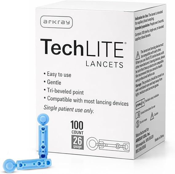 ARKRAY TechLITE Lancets 26 Gauge, 100 Count Twist-Off Cap Lancets for Lancing Devices, Sterile Single-Use, Universal Fit for Most Standard Lancing Devices