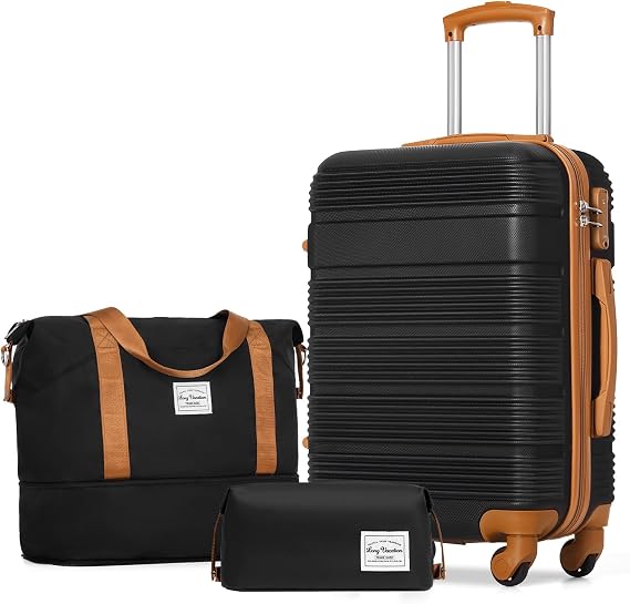 LONG VACATION Luggage Sets with Spinner Wheels, Carry on Suitcase 3 Piece | Tsa Approved Carry On Luggage, ABS+PC Hardshell, YKK Zipper,Lightweight, 20 Inch Luggage for Travel Business,Black (20/DB/TB)