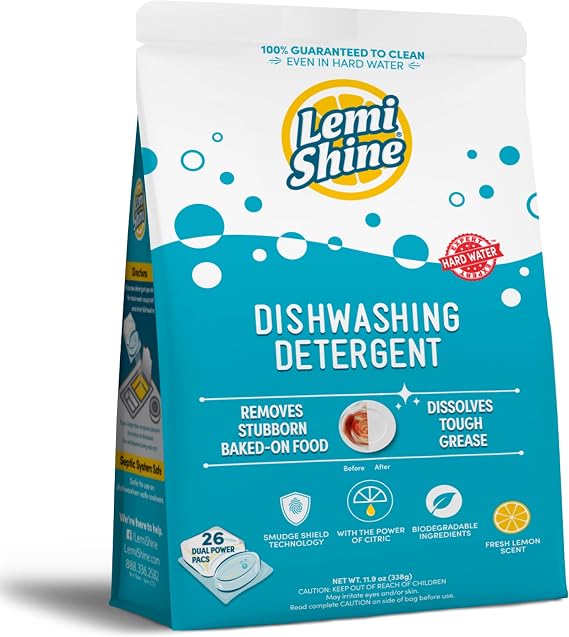 Lemi Shine Natural Dishwasher Pods | All-In-One Powder & Gel Dishwasher Detergent Pods with Powerful Citric Acid | Eco Friendly Dish Wash Cleaning Supplies (26 Count)