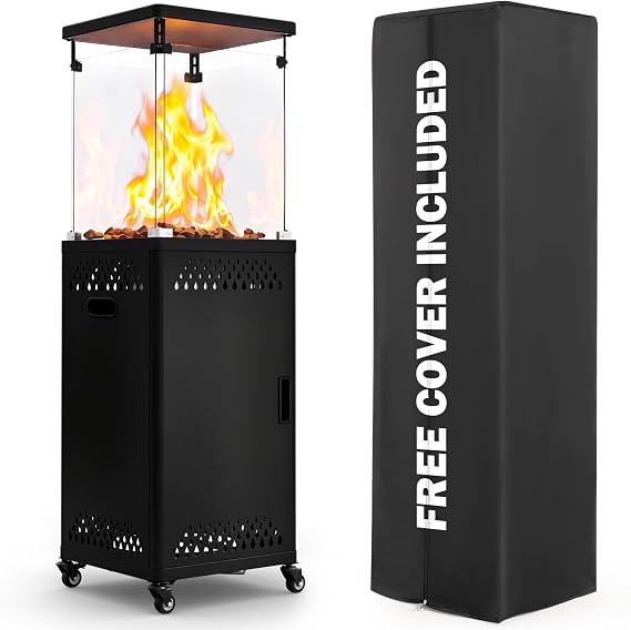 Pamapic 41000 BTU Outdoor Propane Patio Heater, WaterDrop Hollow Pattern Outdoor Heater, CSA Certified Weather Resistant Heater with Lockable Wheels & Protective Cover for Backyard Balcony, Charcoal