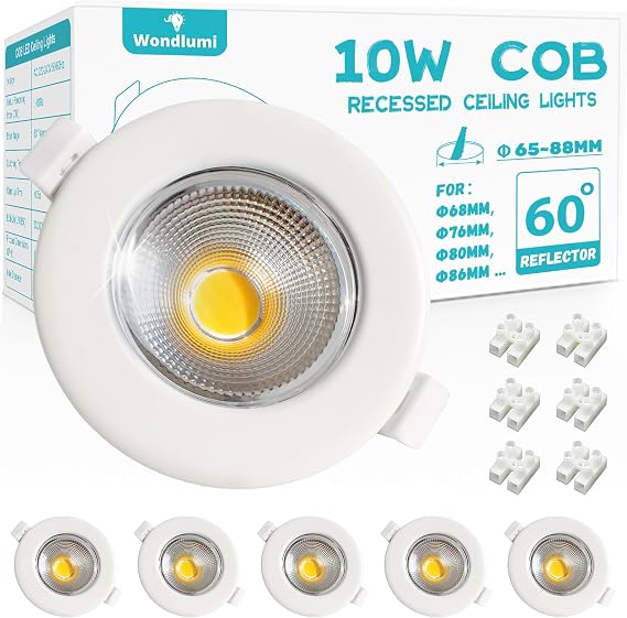 6X 10W LED Downlights for Ceiling COB Ultra Slim IP44 Cool White | Recessed Ceiling Lights 240V Round Matte White Spot Lights for Bedroom, Living Room, Kitchen, Cutout Ø65-88mm [Energy Class F]