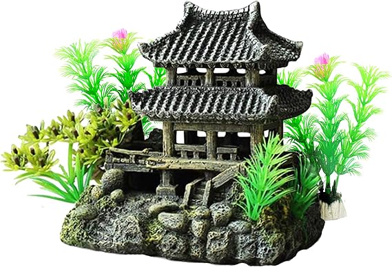 Aquarium Decorations Classical Temple Asian Castle Thematic Safe Resin Ornaments with Plastic Plants Small Fish House Hideout Decor Hiding Places for Freshwater and Saltwater