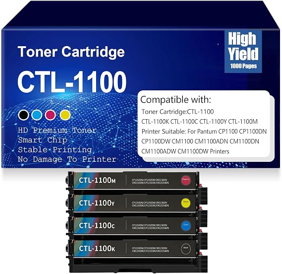 CTL-1100K CTL-1100C CTL-1100Y CTL-1100M Toner Cartridges High Yield Compatible for Pantum CP1100 CP1100DN CP1100DW CM1100 CM1100ADN CM1100DN CM1100ADW CM1100DW with Chip,4Pack-CTL 1100