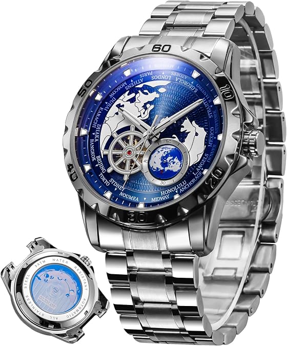 Automatic Watches for Men, Blue Rotating Little Earth Blue Dial Men's Mechanical Watch Luminous Hands, 3ATM Waterproof Steel Strap Stopwatch