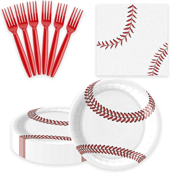 75PCS Baseball Paper Plates and Napkins Party Supplies,7 Inch Disposable Tableware Set Forks Sport Birthday Party Dinnerware for Kits Serve 25 Guests