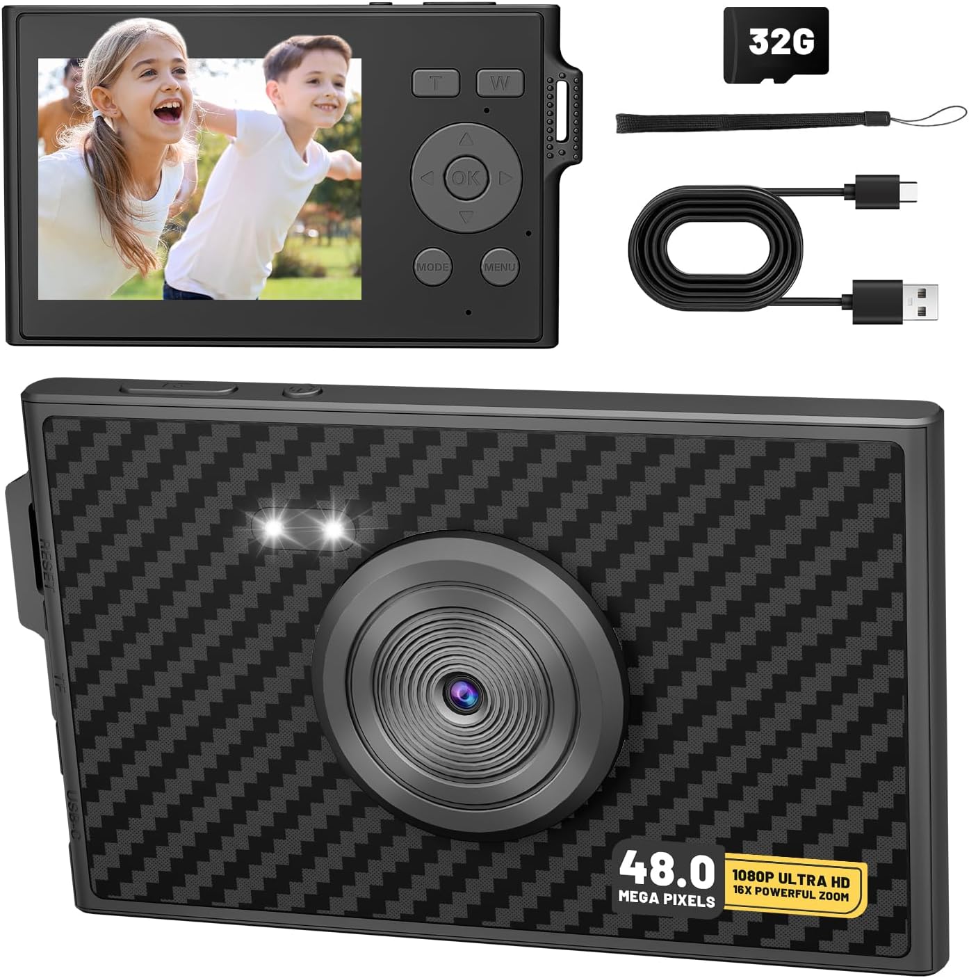 Digital Camera, FHD 1080P Kids Camera 16x Zoom Anti-Shake, 48MP Compact Portable Ultra Thin Point Shooting Camera for Kids Students Kids Teens Girls Boys with 32GB SD Card