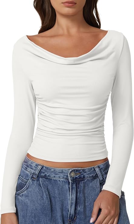QINSEN Women Cowl Neck Long Sleeve T Shirts Double Lined Tight Fitted Crop Top