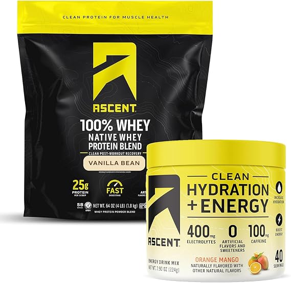 Ascent 100% Whey Protein Powder, Vanilla Bean 4 lb & Hydration + Energy Electrolytes, Orange Mango 40 Servings