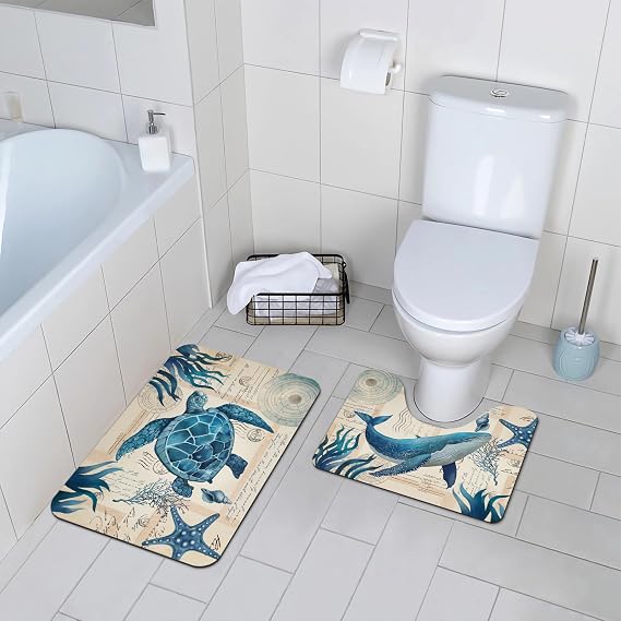 comfoyar 2 Pieces Bath Mat and Toilet Mat Set, Ocean Underwater World Quick Dry Bathroom Mats, Non-slip Bathtub Rug for Bathroom Sink Toilet, 40 × 60