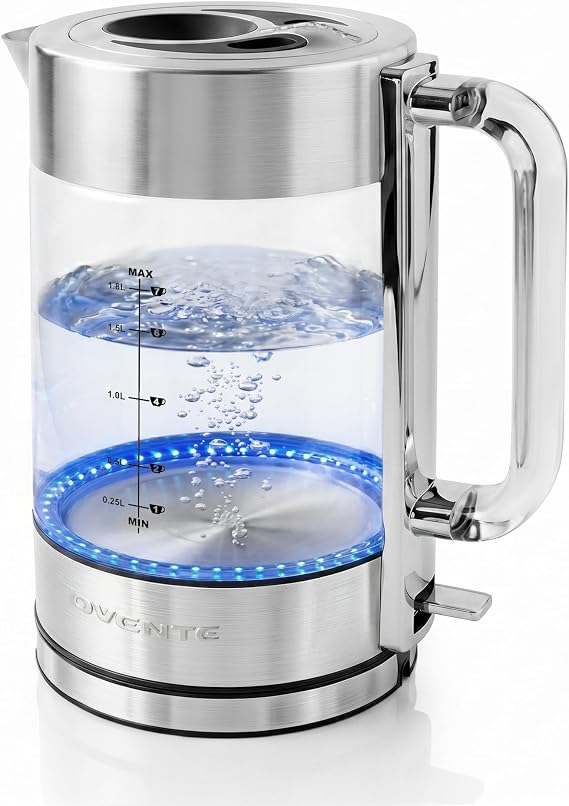 OVENTE 1.8L Glass Electric Kettle Water Boiler, Silver KG911S