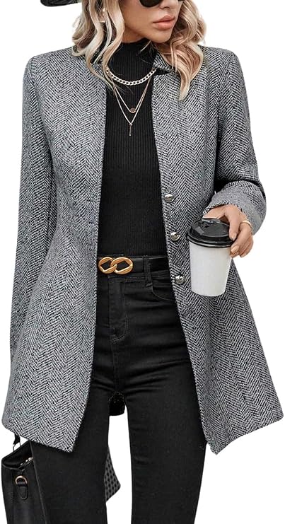 chouyatou Women's Business Casual Herringbone Wool Coat Button Up Notch Collar Dressy Blazer Jacket