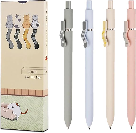 VICO Cat Pens, 4 Pcs Cute Kawaii Gel Pens, 0.5mm Black Ink Fine Point Retractable Pens, Quick Dry Smooth Writing, Back to School Supplies & Cat Lover Gifts