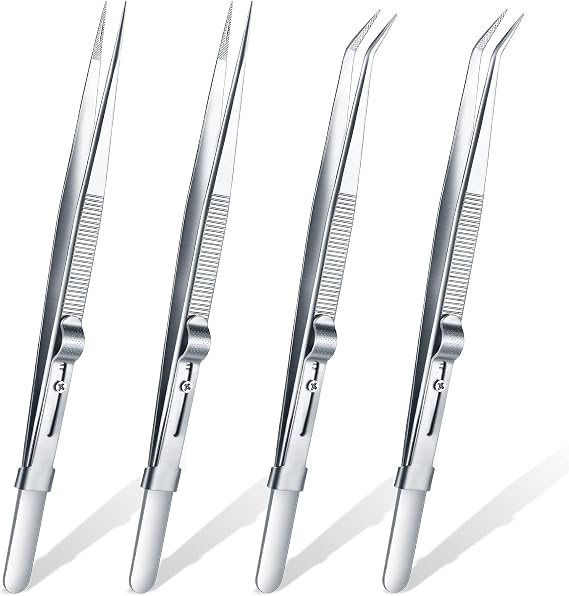 4 Pieces Precision Soldering Tweezer ESD Industrial Electronic Tweezers Tool Set Include Fine Point Tip Straight Tweezer and Locking Curved Tip Precision Tweezer for Jewelry Makeing Craft