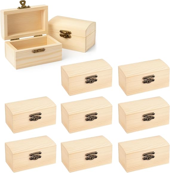 10Pcs Small Wooden Box for Craft: Unfinished Treasure Chests 9x5.5x5cm | Wooden Boxes with Lids and Metal Locking Clasps for DIY Projects Painting Arts Crafts and Home Decor