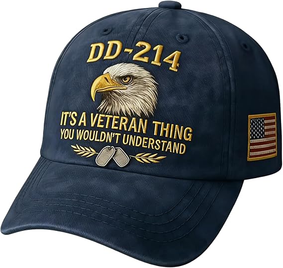 DD-214 Veteran Army Baseball Cap - Adjustable Embroidered Eagle Patriotic Hat - Perfect Veterans Day Gift for Soldiers (Blue)