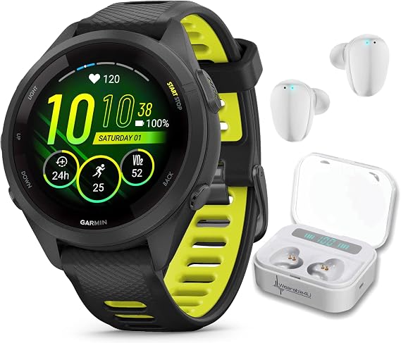 Garmin Forerunner 265S Music GPS Running 42 mm Smartwatch, Black with AMOLED 1.1in Touchscreen Display White Earbuds Bundle, Black +Wht EarBuds