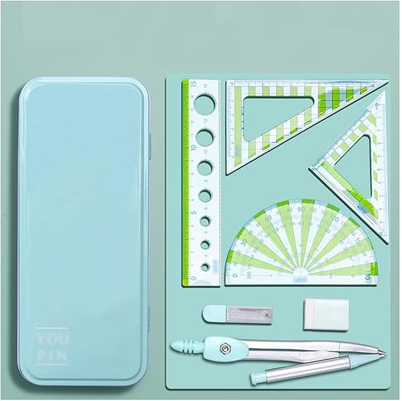 maths set protractor setRuler Set 7Piece Set Student Exam Geometry Set with Protractor Drawing Triangle Eraser Compasses Eraser Ruler for Children School Supplies Math Set Ruler Kit (Color : Blu) ( Co
