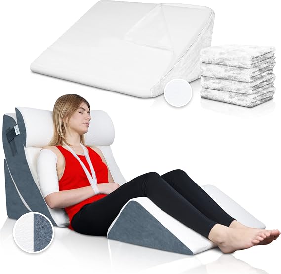 Lunix 4pcs Orthopedic Bed Wedge Pillow Set, Memory Foam Sitting Pillow - Navy + Soft Plush Fabric Replacement Cover Set - White