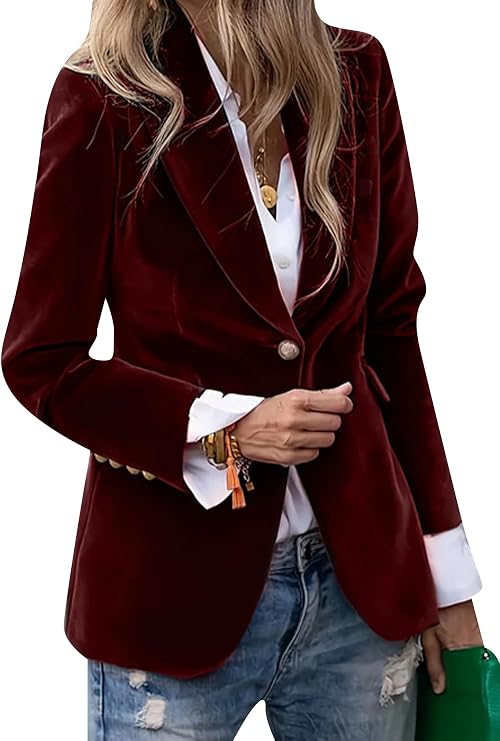 BOFETA Women's Velvet Long Sleeve Blazer Casual Lapel Collar Jacket Open Front Solid Color Outfits