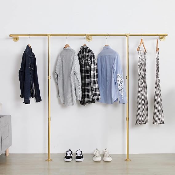 Industrial Pipe Clothing Rack Wall Mounted,Wall Mounted Clothes Rack,Five Bases, Strong Load Bearing Capacity, Space Saving, Suitable for Clothes Display and Storage (80.7, Gold)