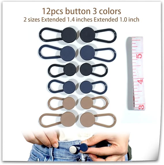 12PCS Button Extenders for Jeans, Jean Button Extender, Button Extender for Pants, Waist Extenders for Pants for Women for Men, Pants Waist Extension 1/1.4 Inches, Black, Blue, Khaki