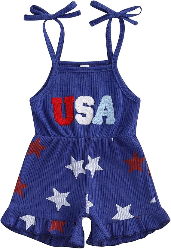 Socutebabe 4th Fourth Of July Toddler Girl Outfit Usa Romper Shorts Jumpsuit Red White And Blue July 4 Outfits for Kids Girls
