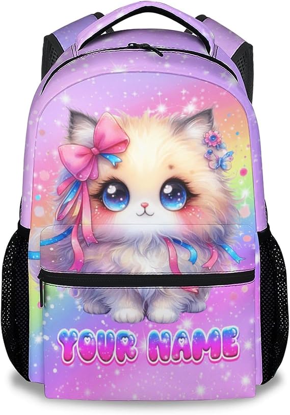 School Backpack for Girls, Personalized Cat Backpack for Kids, 17" Cute Rainbow Bookbag for Toddler, School Bag for Preschool Kindergarte Elementary