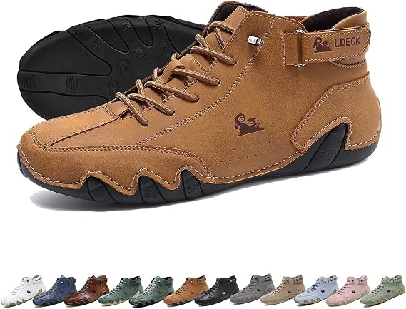 Unisex Handmade Soft Leather High Boots, Beck Shoes Waterproof, Non-Slip Lightweight Breathable Chukka Boots Casual Sneakers for Driving & Hiking Barefoot Shoes(Color:Brown,Size:44 EU)