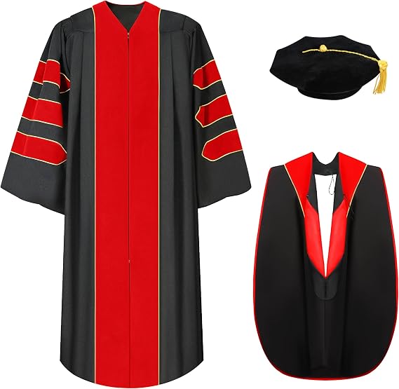 Deluxe Doctoral Graduation Gown Hood with Gold Piping and Tam