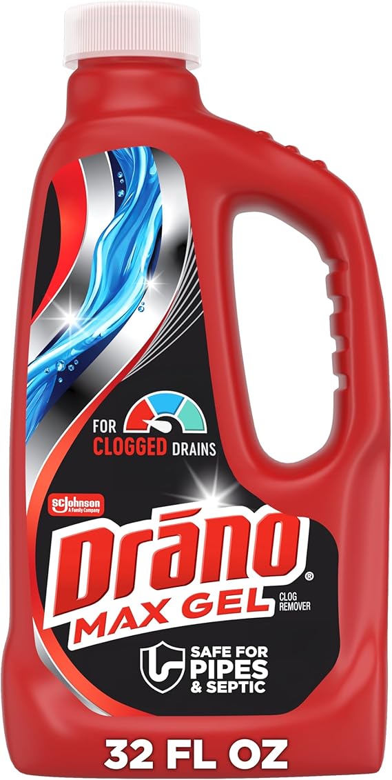 Drano Max Gel Drain Clog Remover & Cleaner, Fast-Acting to Unclog Standing Water & Remove Hair, Grease & Food Blockages, Safe for all Pipes & Septic, Kitchen Sinks, Bathroom Showers & Tubs, 32 Oz