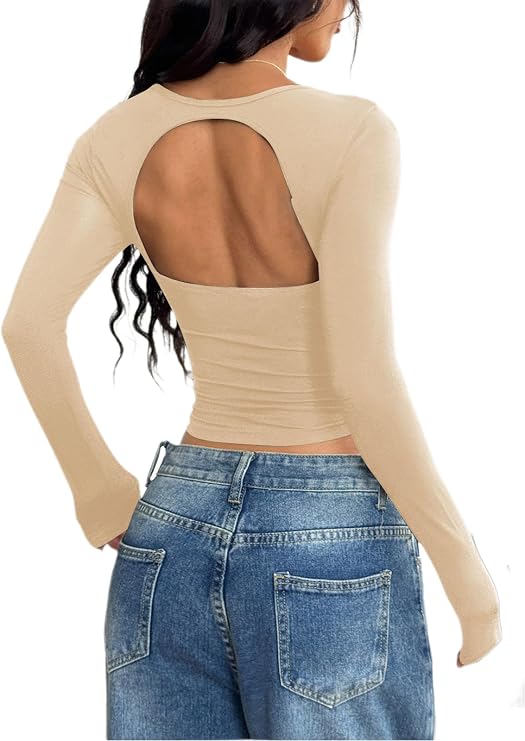 Halfword Womens Backless Going Out Tops Sexy Square Neck Open Back Long Sleeve Slim Fit Basic Y2k Crop Top