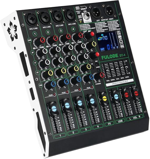 DT-4 Professional 4 Channe Audio Mixer,DJ Controller Sound Board Mixing with 99 DSP Effects,5-Band EQ/4 XLR interfaces and USB for Live Streaming & Recording,48V Phantom Power & Vocal Removal