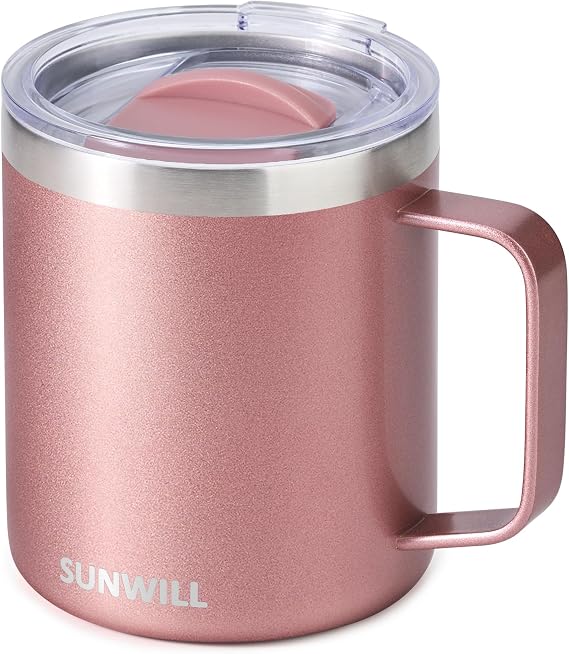 SUNWILL Kulplu Kahve Kupası, 14 oz Yalıtımlı Paslanmaz Çelik Kahve Seyahat Kupası, Çift Duvarlı Vakumlu Yeniden Kullanılabilir Kapaklı Kahve Kupası, Gül Altın