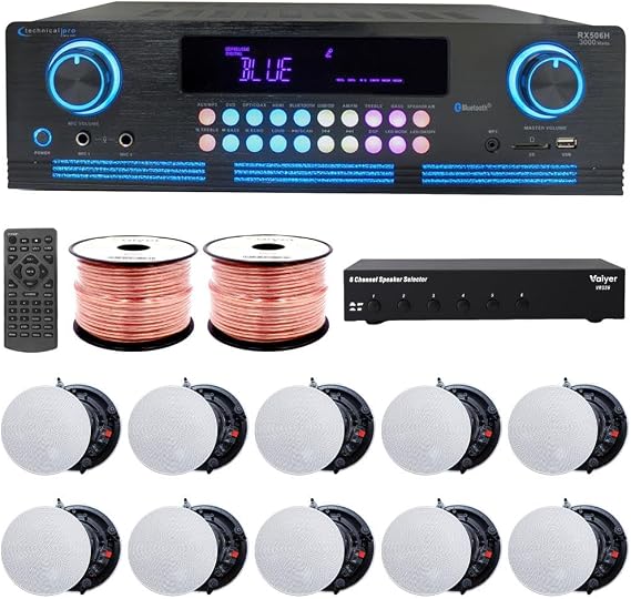 Vaiyer Home Audio System Kit, 2000 W Bluetooth Amplifier | w/ 10 Qty of 5.25" Frameless Ceiling Speakers 175 W Each, 6-Ch Speaker Selector, 500 ft Speaker Wire, Remote for Home, Office