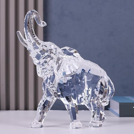orenm Acrylic Clear Elephant Figurines Crystal Glass Finish, High End African Statues for Home Decor, Elephants with Trunk up, Large Elephants Statue Sculpture,Office Feng Shui Lucky Elephant Gifts