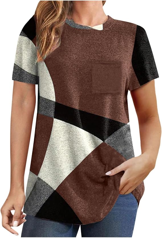 Summer Tops Womens Short Sleeve Shirts Geometry Graphic Tee Blouse Casual Crewneck Loose Fit Tunic T-Shirt w Pockets