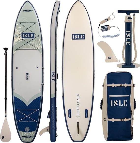 ISLE Explorer 2.0 Inflatable Stand Up Paddle Board & iSUP Bundle Accessory Pack, Adventure & Touring Board, Durable, Lightweight with Stable Wide Stance, 300 Pound Capacity, 11.6"x 6"
