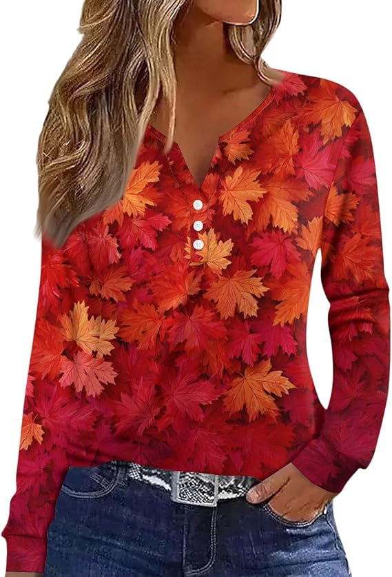 Womens Fall Tops Long Sleeve Fall Tunic Tops Button Down V Neck Henley Printed Winter Basic Tees Pullover Blouses