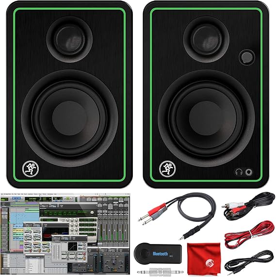Mackie CR3-X 3-Inch Creative Reference Multimedia Monitors Bundle with Pro Tools First DAW Music Editing Software, Wireless Bluetooth Receiver and Dual 1/4" Stereo to 3.5mm Cable