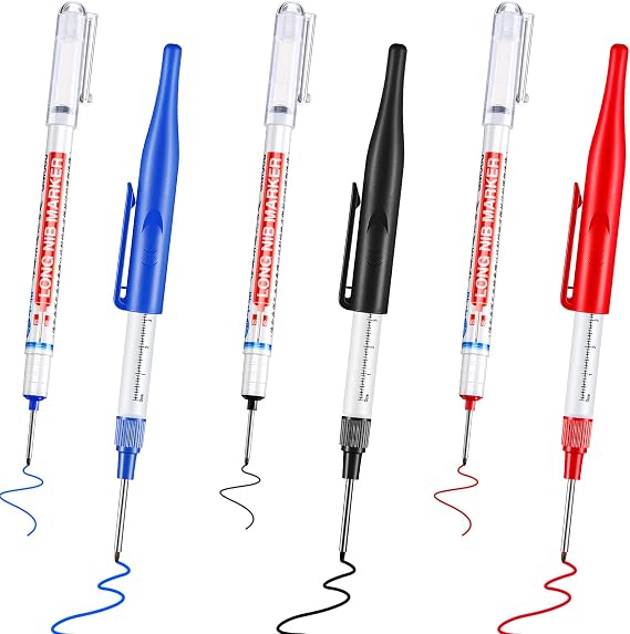 Multi-Purpose Deep Hole Marker Deep Drill Hole Long Nib Marker Waterproof Construction Pens Colorful Carpenter Pen for Bathroom Woodworking, Red Black Blue(20 mm, 30 mm,Simple Style)