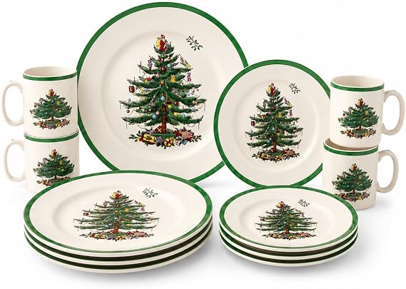Spode Christmas Tree 12-Piece Dinnerware Set (Service for 4) - Festive Holiday Tableware Collection with Plates and Mugs - Fine Earthenware Christmas Dinnerware - Microwave & Dishwasher Safe