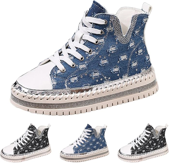 Womens Platform Rhinestone Canvas Shoes Lace Up High Top Sneakers Fashion Bling Dressy Casual Breathable Tennis Walking Athletic Wedding Shoes Outdoor Chunky Trainers Flat Footwear